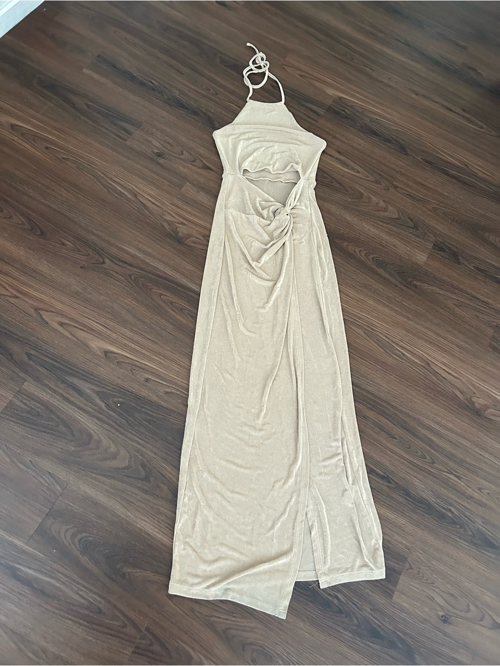 Petal & Pup Beige Halter Cutout Maxi Dress with Front Knot